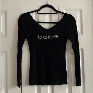 bebe black Swarovski logo v-neck long sleeve tee